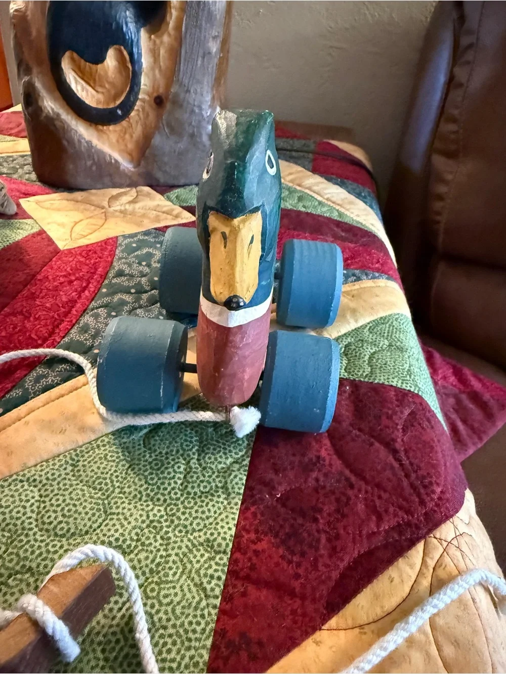 Vintage Hand-Painted Wooden Mallard Pull Toy Green/Brown/Blue